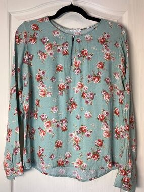 Naf Naf Floral Blouse Turquoise Roses Romantic Chic Long Sleeve EU L (Fits M)